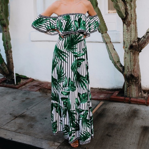 Dresses & Skirts - Palm & Navy Stripe Maxi Dress Off the Shoulder